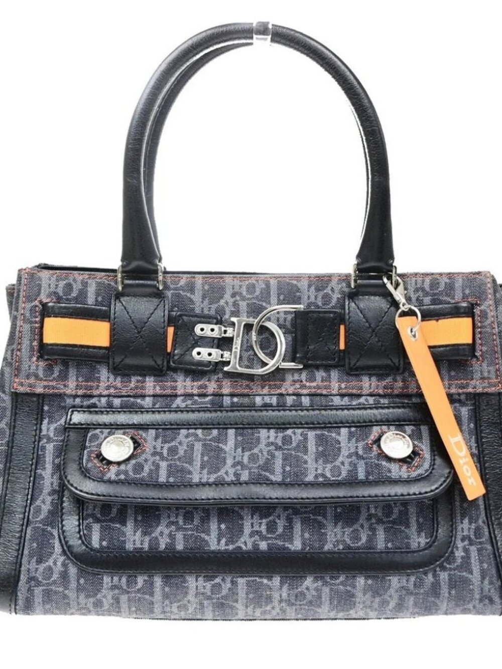 CHRISTIAN DIOR Flight Line Trotter Hand Bag Denim Leather Navy Blue